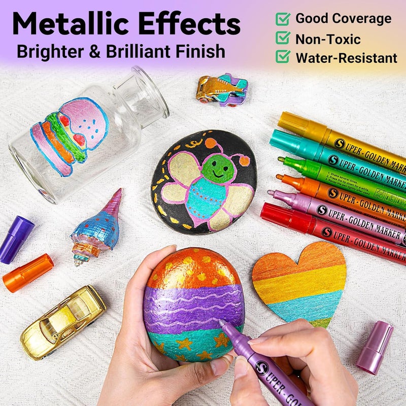 SAKEYR Super Golden Metallic Paint Markers, 18 Colors Sparkle Metallic Glitter Markers, Acrylic Paint Pens for Rock Painting, Glass, Wood, Fabric, Black Paper, Cards, Scrapbook, DIY Art Crafts (2-3mm) - Image 3